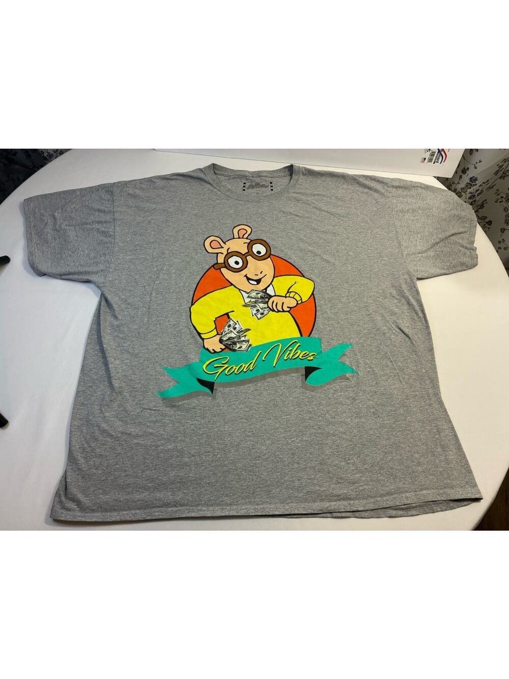 Arthur Good Vibes Tee 3XL Gray Retro Cartoon Graphic Shirt USA Y2K Streetwear